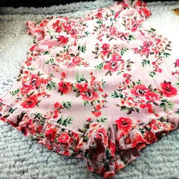 Bongo Floral Romper Smock Neckline+Waist 2 Pocket 100% Rayon Women's Large. Pink - Picture 10 of 11